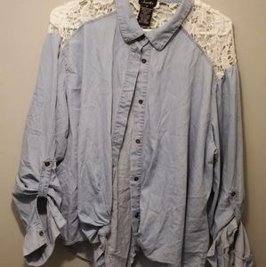 Justify 1X Long Sleeve Womens Button Up Top w/ Cotton Lace Yoke, Hem/Sleeve Ties